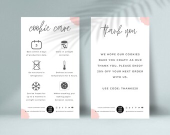 Cookie Care Card Template, Editable Cookies Care Instructions, Bakery Care Guide, Biscuits Freezing Instructions, Minimalist Canva Template