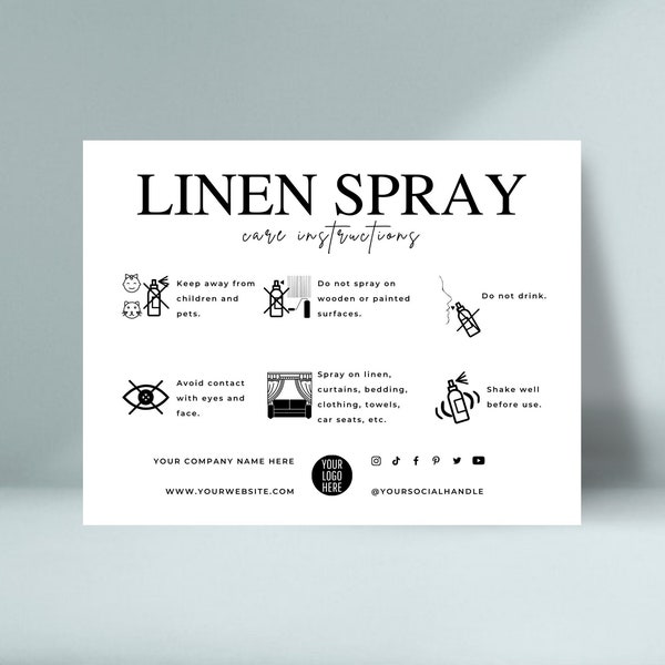 Bearbeitbare Leinenspray-Pflegekartenvorlage, Anweisungen für die Pflege von Stoffnebeln, Anweisungen für Wäscheerfrischer-Sprays
