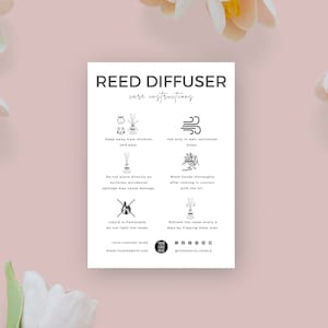 May include: Reed diffuser care instructions with icons. Keep away from children and pets. Use only in well-ventilated areas. Do not place directly on surfaces, accidental spillage may cause damage. Liquid is flammable, do not light the reeds. Refresh the reeds every 4 days by flipping them over. Your company name: www.yourwebsite.com @yoursocialhandle