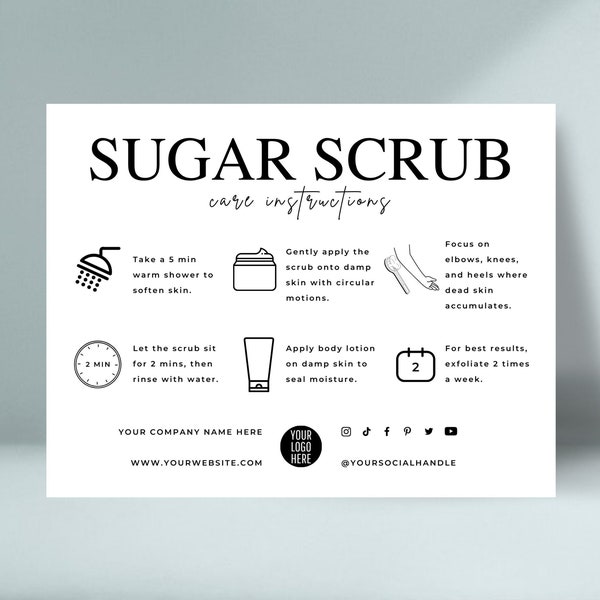 Editable Sugar Scrub Care Card Template, Body Scrub Care Instructions, Exfoliating Butter Application Guide