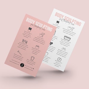 Plantilla de tarjeta de cuidado previo y posterior a la escultura corporal, tarjetas editables para el cuidado posterior del contorno corporal, instrucciones de cuidado imprimibles para la escultura corporal