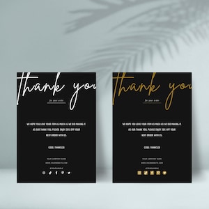 Plantilla de tarjeta de agradecimiento imprimible, plantillas de diseño de tarjetas de agradecimiento comerciales editables, inserciones de tarjetas de agradecimiento de pedidos de bricolaje, negro y dorado