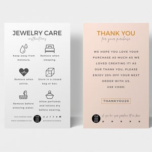 Plantilla de tarjeta de cuidado de joyería editable, tarjetas de cuidado de joyería, tarjeta de cuidado de pendientes imprimible, instrucciones de cuidado de joyería minimalista