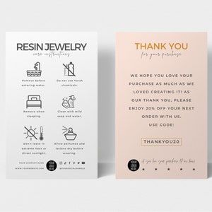 Plantillas de tarjetas de cuidado de joyería de resina, instrucciones de cuidado de resina imprimibles, inserciones de cuidado de joyería de bricolaje, tarjetas de paquete de joyería