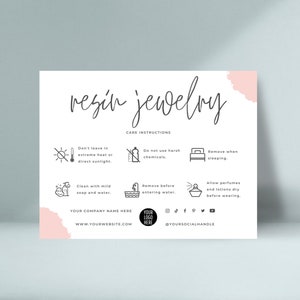 Plantilla de tarjeta para el cuidado de joyas de resina, instrucciones imprimibles para el cuidado de la resina, insertos editables para el cuidado de las joyas, tarjetas de agradecimiento para enviar joyas por paquete.