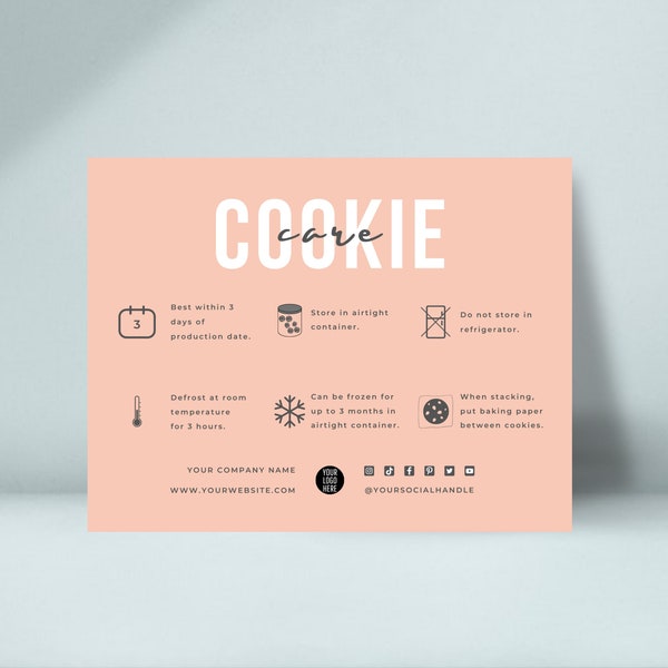 Cookie Care Card Template, Editable Cookies Care Instructions, Bakery Care Guide, Biscuits Freezing Instructions, Minimalist Canva Template