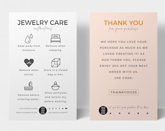 Plantilla editable para el cuidado de joyas, tarjetas para el cuidado de joyas, tarjeta imprimible para el cuidado de aretes, instrucciones minimalistas para el cuidado de joyas