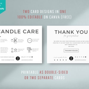May include: Two printable cards, one with candle care instructions and the other with a thank you message and a discount code. The cards are black and white with a modern design.