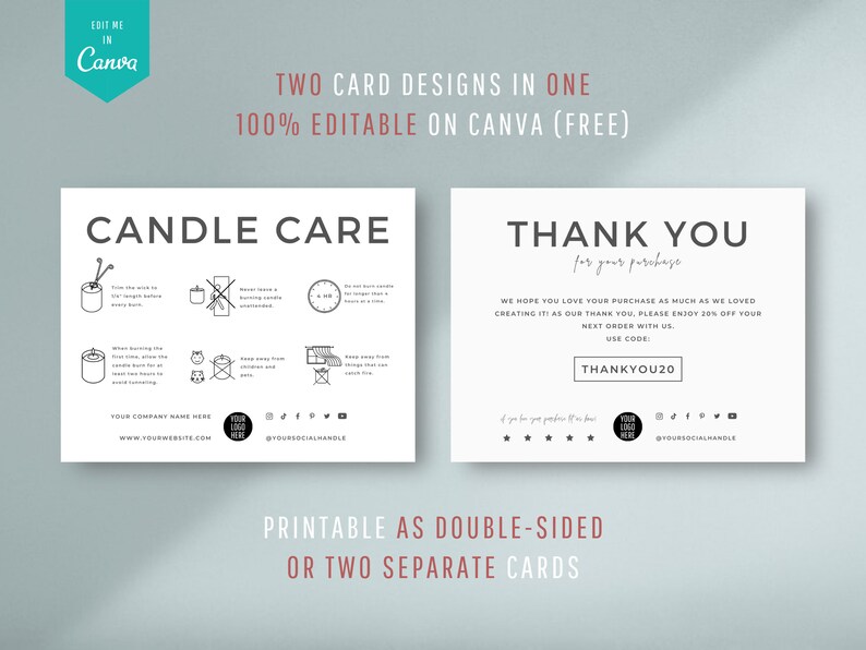 May include: Two printable cards, one with candle care instructions and the other with a thank you message and a discount code. The cards are black and white with a modern design.