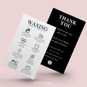 Mini waxen nazorg kaartsjabloon, bewerkbare post haar wax gids advies, schoonheidsspecialiste branding afdrukbaar, elegante schoonheid nazorg kaarten