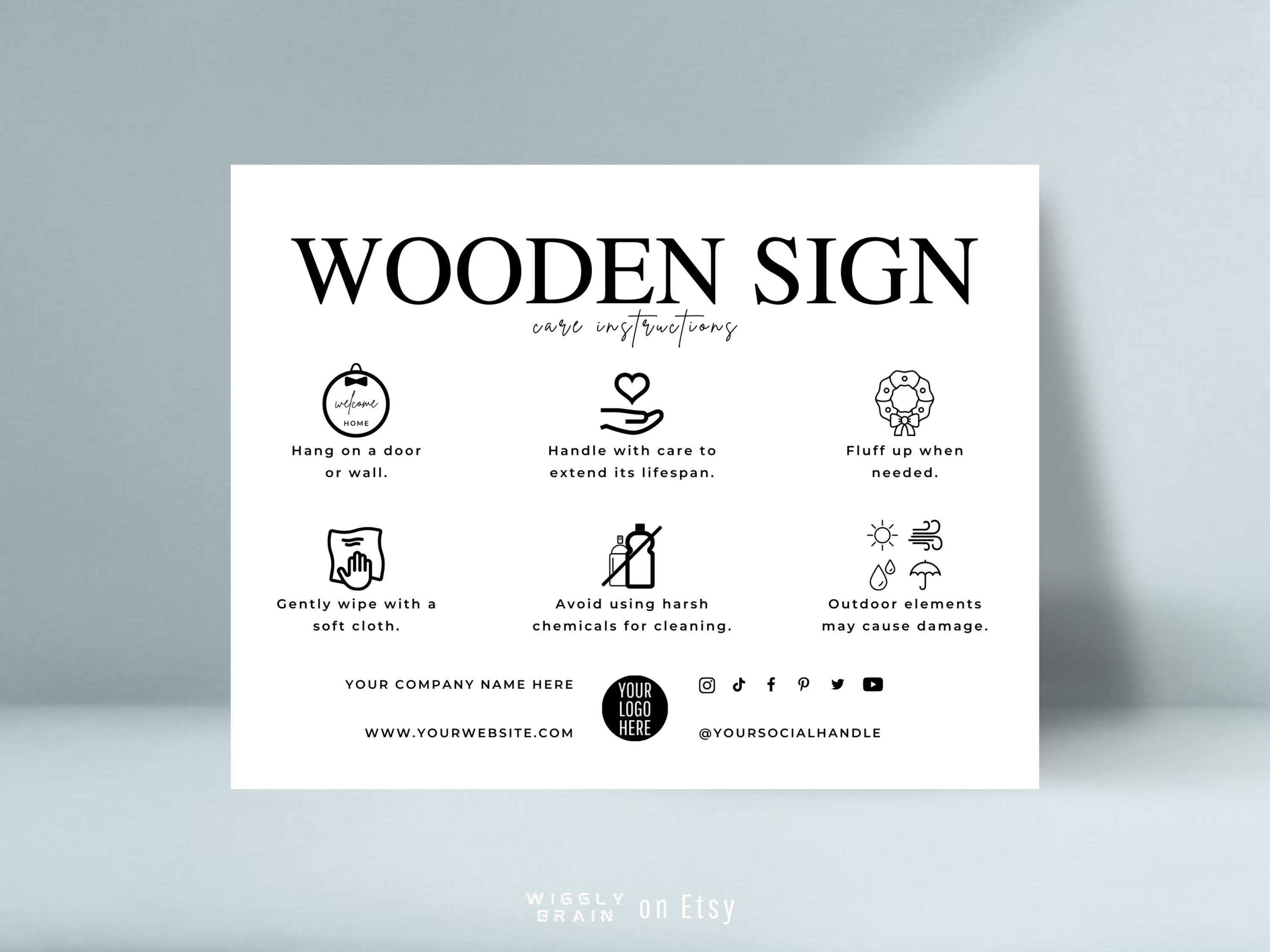 Editable Wood Round Care Guide Template, Door Hanger Care Cards, Welcome Sign Care Instructions, Printable Elegant Design Sign Care Tips