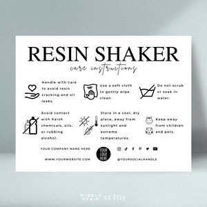 May include: Black and white care instructions for a resin shaker. The instructions include handling, cleaning, storage, and safety tips. The text includes "Resin Shaker", "Care Instructions", "Handle with care", "Use a soft cloth", "Do not scrub", "Avoid contact", "Store in a cool, dry place", "Keep away from children and pets", "Your Company Name Here", "www.yourwebsite.com", "Your Logo Here", "@yoursocialhandle".