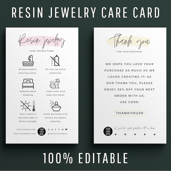 Resin Jewelry Care Card Templates, Printable Resin Care Instructions, Editable Jewellery Care Inserts, DIY Canva Jewelry Parcel Cards