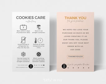 Cookie Care Kartenvorlage, bearbeitbare Cookies Pflegeanleitung, Anleitung für die Backwarenpflege, Anleitung zum Einfrieren von Keksen, minimalistische Canva-Vorlage