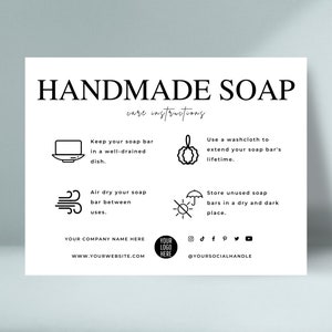 Modello di scheda modificabile per la cura del sapone, guida alla cura della saponetta fatta a mano, istruzioni stampabili per la cura del sapone fresco