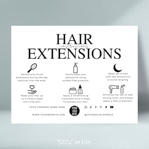 Hair Extensions Care Card Template, Editable Hair Extension Aftercare, Printable Hair Salon Care Instructions, Elegant Design Hair Guide