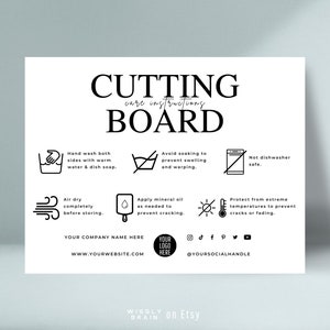Modelo de cartão de instruções de cuidados com placa de corte, guia de manutenção de bloco de açougueiro editável, inserção de embalagem, design elegante, pontas de bloco de corte