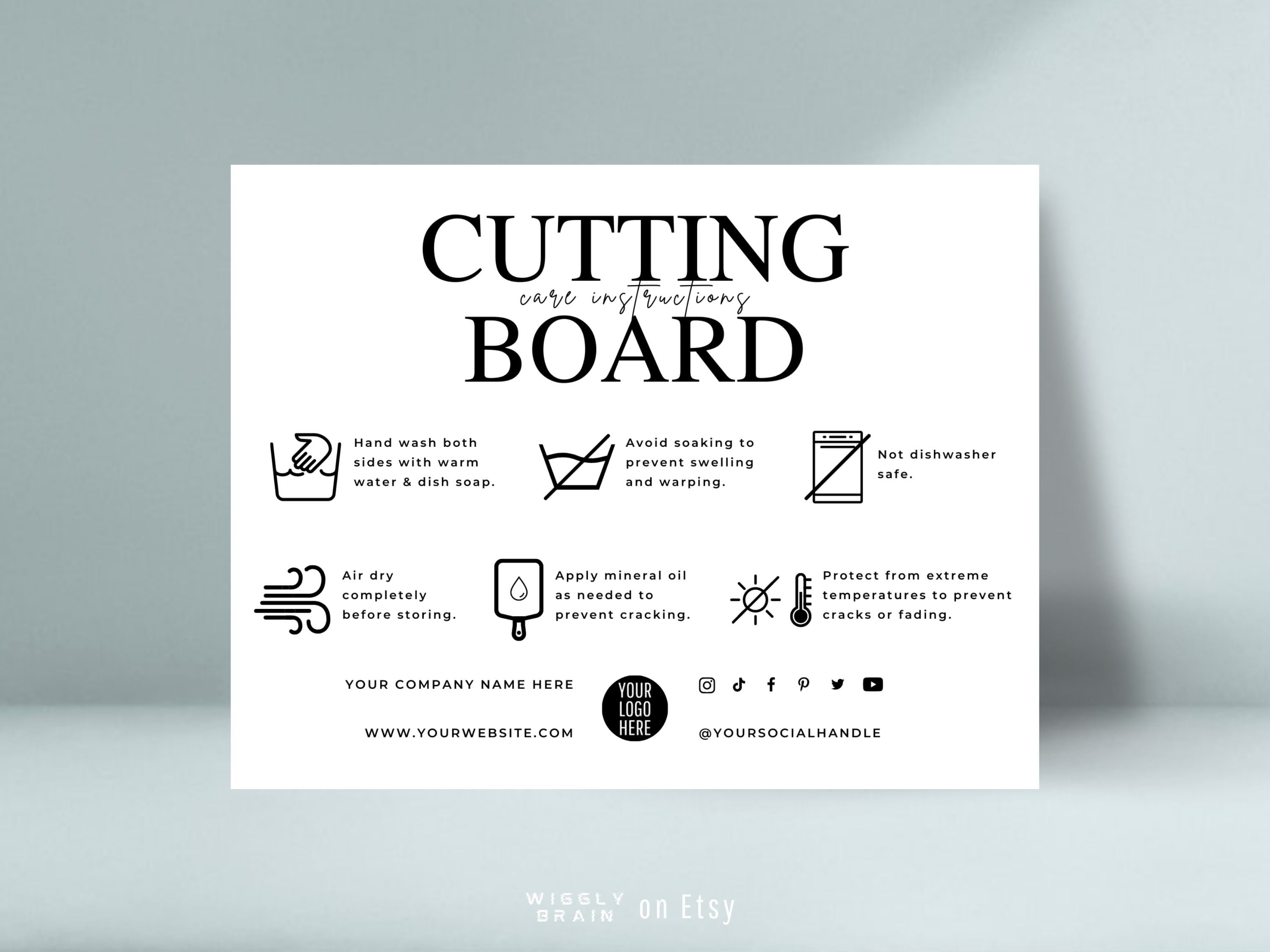 Cutting Board Care Instructions Card Template, Editable Butcher Block Maintenance Guide Packaging Insert, Elegant Design Chopping Block Tips