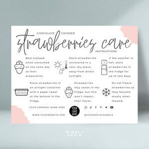 Chocolate Covered Strawberries Care Card Template, Editable Dipped Strawberry Care Guide, Boho Chocolate Strawberries Storage Instructions