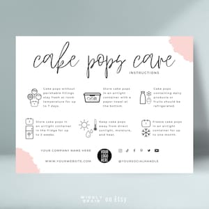 Carte d'entretien modifiable pour les cake pops, modèle imprimable d'instructions d'entretien des cake pops, guide d'entretien pour les sucettes de gâteau, rangement pour boules de gâteau design bohème