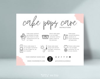 Scheda di cura modificabile per cake pops, modello di istruzioni stampabili per la cura dei cake pops, guida alla cura dei lecca lecca per torte, idee per conservare le palline di torta in stile boho