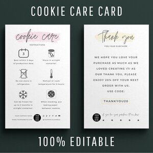 Cookie Care Card Template, Editable Cookies Care Instructions, Bakery Care Guide, Biscuits Freezing Instructions, Minimalist Canva Template