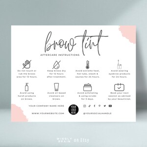 Brow Tint Aftercare Card Template, bewerkbare Brows Tint Post Care Cards, afdrukbare schoonheidssalon Canva Design, Boho Esthetician Client Guide