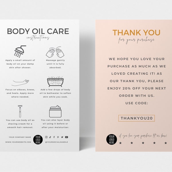 Mini Body Oil Care Card Template, Editable Dry Oil Application Guide, Minimalist Design Body Serum Care Instructions