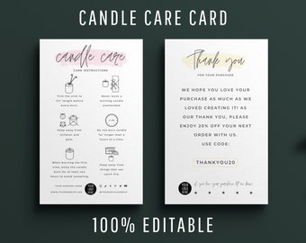 May include: A printable candle care card with instructions on how to trim the wick, burn the candle safely, and keep it away from children and pets. The card also includes a thank you message and a discount code for the next purchase.
