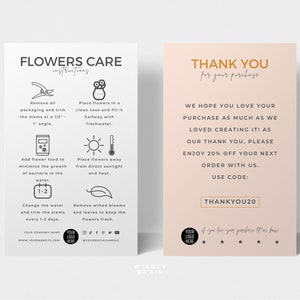 Szablon karty pielęgnacji kwiatów Mini, edytowalny przewodnik pielęgnacji bukietu, karty pielęgnacji florystycznej, minimalistyczny design, instrukcje pielęgnacji świeżo ciętych kwiatów
