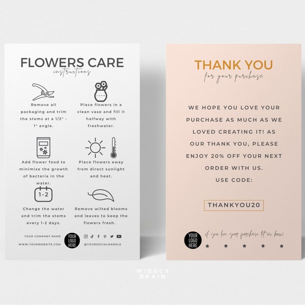 Mini Flowers Care Card Template, Editable Bouquet Care Guide, Florist Care Cards, Minimalist Design Fresh Cut Blooms Care Instructions