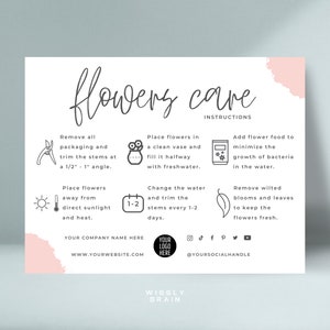 Modèle de carte modifiable d'entretien de fleurs, guide d'entretien de bouquet, cartes d'entretien pour fleuriste imprimables, instructions d'entretien de fleurs fraîchement coupées design bohème