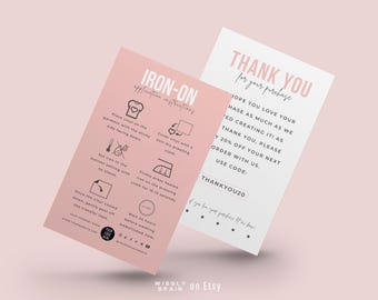 Editable Iron On Instructions Template, Heat Transfer Vinyl Application, How to Apply HTV Care Card, Chic Vinyl Care Cards Canva Template
