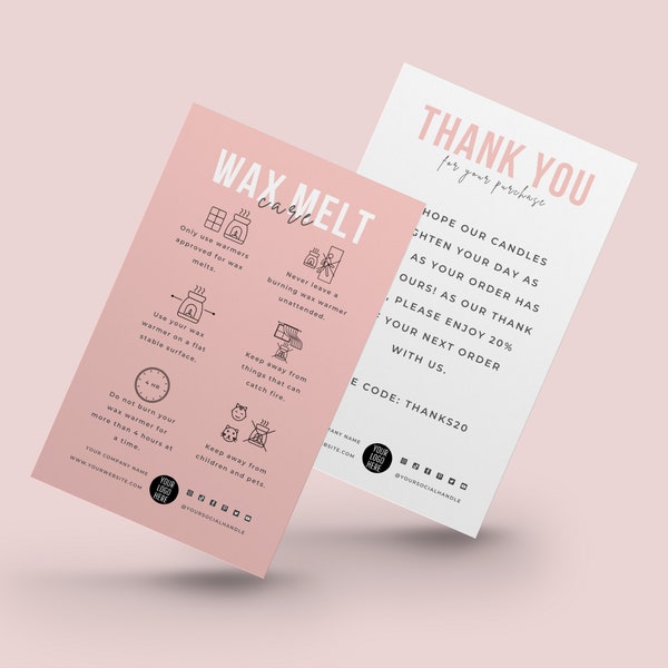 Editable Mini Wax Melt Care Card Template, Wax Melts Care Instructions Templates, Wax Tarts Safety Cards, Chic Design Packaging Inserts