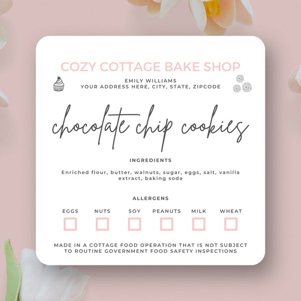 Editable Cottage Law Labels Template, Feminine Cookies Ingredients Labels, Custom Home Bakery Stickers, Printable Food License Label