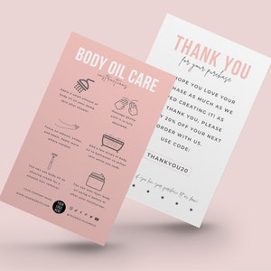 Edytowalny szablon karty pielęgnacji mini olejku do ciała, przewodnik po stosowaniu suchego olejku, instrukcje pielęgnacji serum do ciała Chic Design