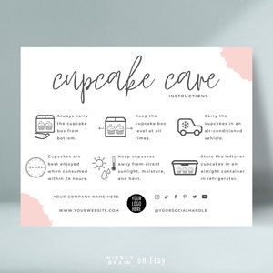 Bearbeitbare Vorlage für Cupcake-Pflegekarten, Pflegetipps für Cupcakes, druckbare Muffins-Pflegeanleitung, Bäckerei-Verpackungseinlagen im Boho-Design