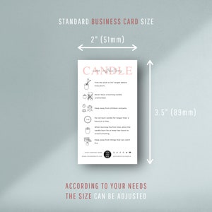 May include: A printable card with instructions for candle care. The card is 2 inches by 3.5 inches and features black and white illustrations with pink text. The text includes "Candle Care Instructions" and "Trim the wick to 1/4" length before every burn."