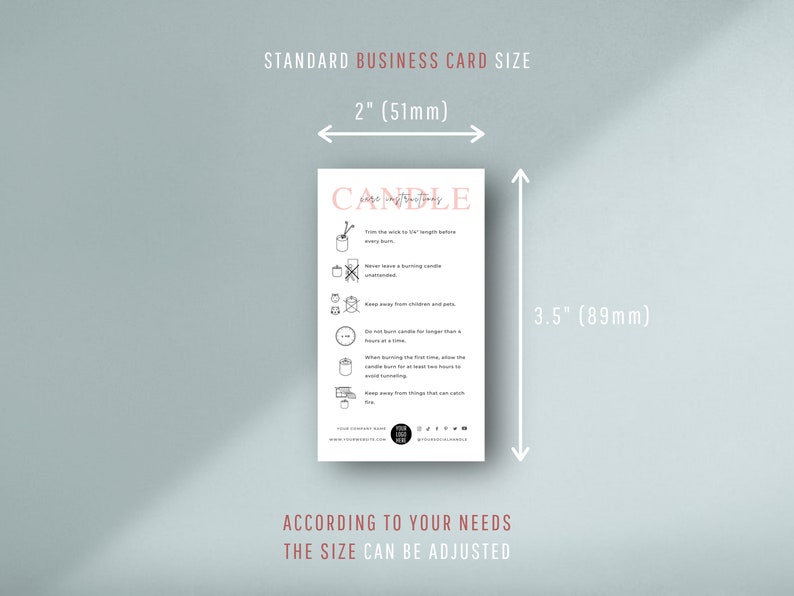May include: A printable card with instructions for candle care. The card is 2 inches by 3.5 inches and features black and white illustrations with pink text. The text includes "Candle Care Instructions" and "Trim the wick to 1/4" length before every burn."