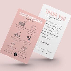 Plantilla editable de instrucciones para ambientador de alfombras, tarjeta de cuidado de polvo perfumado para alfombras, guía del usuario de desodorantes para alfombras con diseño mini y elegante.