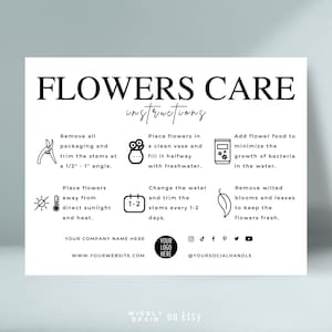 Bearbeitbare Blumenpflegekartenvorlage, Blumenstraußpflegeanleitung, druckbare Floristenpflegekarten, elegantes Design, Pflegeanleitung für frische Schnittblüten