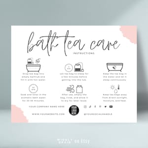 Modelo de cartão de cuidados de chá de banho, guia editável de cuidados de chá de banheira, instruções de cuidados de imersão de banho de ervas, sacos de chá de banho de design Boho segurança para impressão