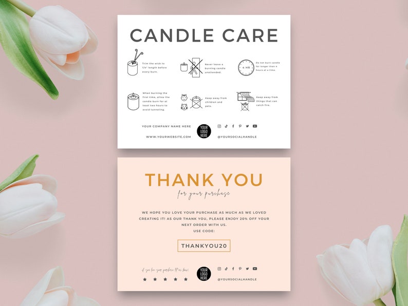 Candle care card and thank you card templates