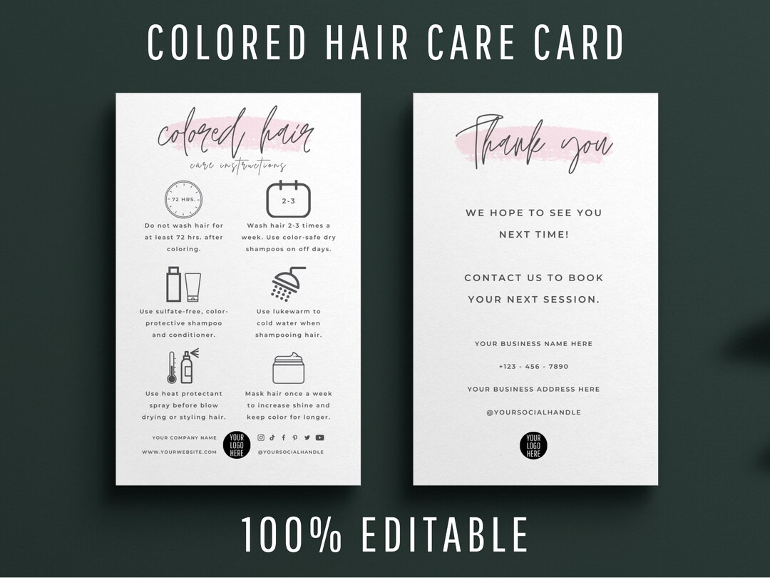 Mini Colored Hair Care Card Template, Editable Dyed Hair Aftercare