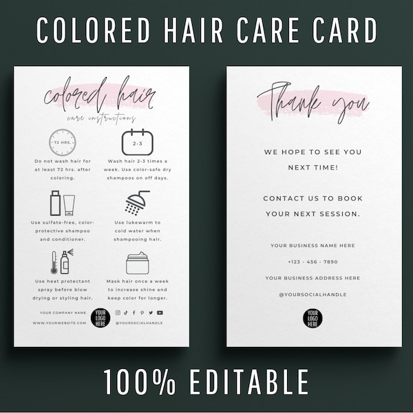 Mini Colored Hair Care Card Template, Editable Dyed Hair Aftercare Instructions, Modern Design Hairdresser Colour Treated Hair Guide