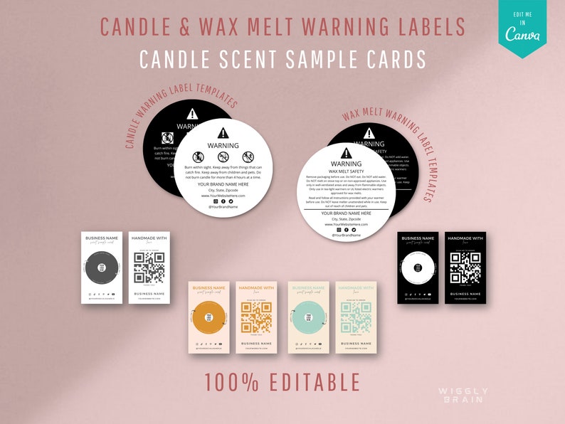 May include: A set of printable candle and wax melt warning labels and scent sample cards. The labels are black and white with a warning symbol and text. The cards are black, yellow, green, and beige with a circle and a QR code. The text on the labels reads "Warning" and "Wax Melt Safety". The text on the cards reads "Handmade with". The text on the image reads "Candle & Wax Melt Warning Labels", "Candle Scent Sample Cards", "Candle Warning Label Templates", "Wax Melt Warning Label Templates", "100% Editable", and "Wisely Brain".