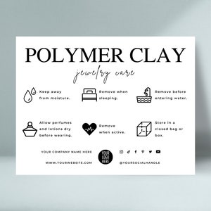 May include: Black and white care instructions for polymer clay jewelry. The instructions include keeping the jewelry away from moisture, removing it before sleeping and water, and storing it in a closed bag or box. The text also includes the company name, website, and social media handles.