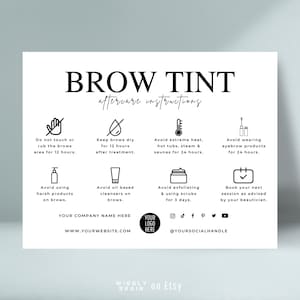 Bewerkbare Brow Tint Nazorg kaartsjabloon, Brows Tint Post Care Cards, afdrukbare schoonheidssalon Canva Design, schoonheidsspecialiste klantengids