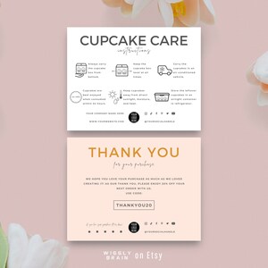 Plantilla de tarjeta de cuidado de cupcakes editable, consejos de guía de cuidado de cupcakes, instrucciones de cuidado de cupcakes imprimibles, inserciones de embalaje de panadería minimalistas