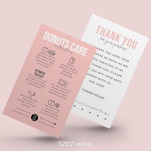 Plantilla editable para tarjetas de cuidado de mini donas, tarjetas con instrucciones para el cuidado de donas, guía de almacenamiento de donas, insertos de empaque de panadería con diseño elegante